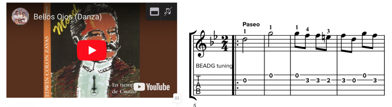 Bellos Ojos | Danza | Tablatura Cuatro Puertorriqueño